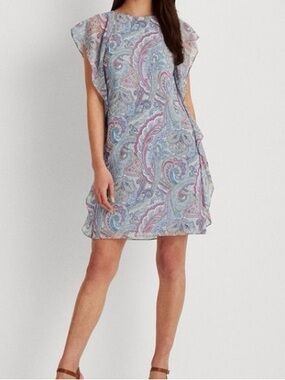 Lauren Ralph Lauren Ruffled Georgette Shift Dress Blue Purple Paisley Floral